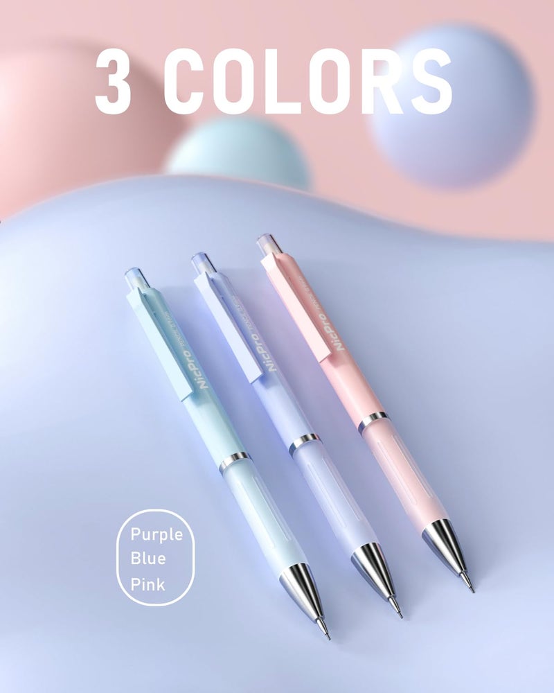 Nicpro 3PCS Pastel Mechanical Pencil Set, 0.9 Mechanical Pencil with 6 Tubes HB Lead 0.9mm, 3PCS Eraser & 9PCS Eraser Refill, Cute School Supplies for Writing, Sketching, Drafting-With Case - Image 3