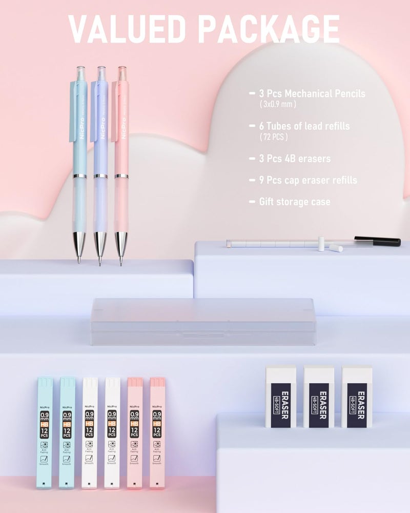 Nicpro 3PCS Pastel Mechanical Pencil Set, 0.9 Mechanical Pencil with 6 Tubes HB Lead 0.9mm, 3PCS Eraser & 9PCS Eraser Refill, Cute School Supplies for Writing, Sketching, Drafting-With Case - Image 2
