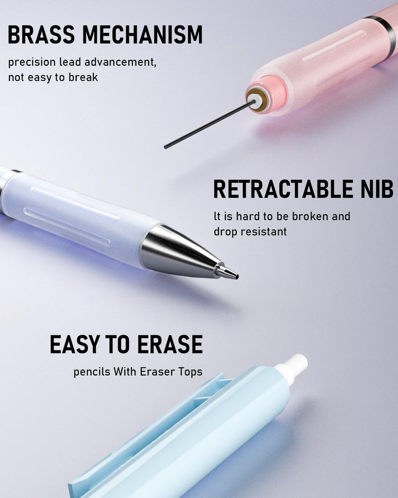 Nicpro 3PCS Pastel Mechanical Pencil Set, 0.9 Mechanical Pencil with 6 Tubes HB Lead 0.9mm, 3PCS Eraser & 9PCS Eraser Refill, Cute School Supplies for Writing, Sketching, Drafting-With Case - Image 5
