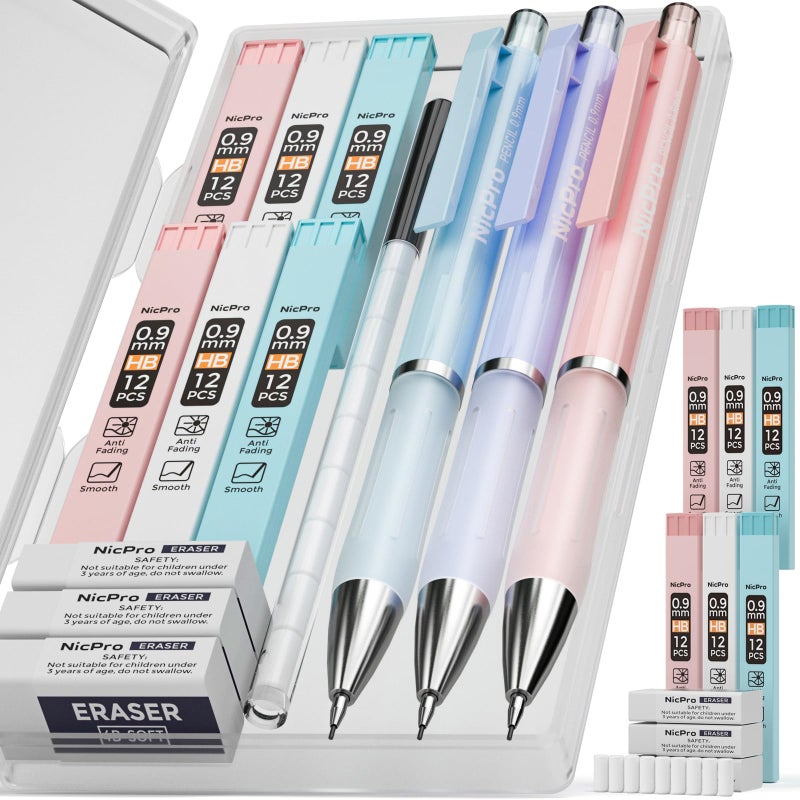 Nicpro 3PCS Pastel Mechanical Pencil Set, 0.9 Mechanical Pencil with 6 Tubes HB Lead 0.9mm, 3PCS Eraser & 9PCS Eraser Refill, Cute School Supplies for Writing, Sketching, Drafting-With Case - Image 1