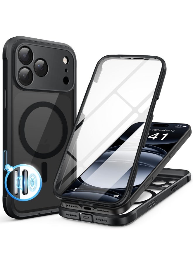 بيرفي غطاء لهاتف آيفون 17 برو ماكس، متوافق مع ماج سيف، مزود بواقي شاشة زجاجي مدمج بدرجة صلابة 9H وحماية للكاميرا، غطاء شفاف مقاوم للصدمات بكامل الجسم لهاتف آيفون 17 برو ماكس بحجم 6.9 بوصة، باللون الأسود - Image 1