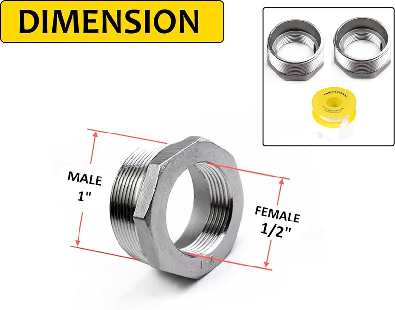 Royal Apex Pack of 2 Chrome-Plated Galvanized Reducer – Male to Female Thread Bushing, Hex Connector Adapter with Teflon Tape for Hose & Pipe Fittings (1 inch X 1/2 inch) - Image 2