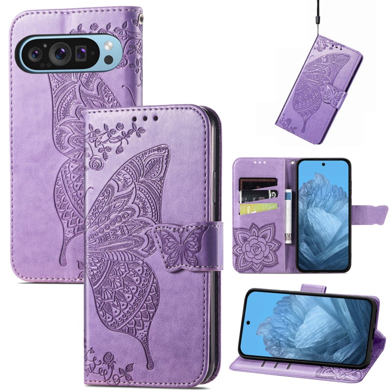 HuHa Protective Cover For Google Pixel 9 Butterfly Love Flower Embossed Leather Phone Case(Light Purple) - Image 1