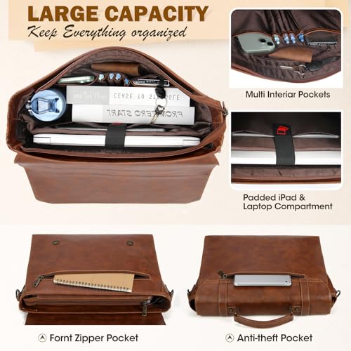 RAINSMORE Mens Messenger Bag 17 Inch Waterproof Vintage Leather Laptop Briefcase Large Laptop Bag Satchel Bag Computer Shoulder Bag for Office Business Travel College,Brown - Image 4