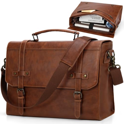 RAINSMORE Mens Messenger Bag 17 Inch Waterproof Vintage Leather Laptop Briefcase Large Laptop Bag Satchel Bag Computer Shoulder Bag for Office Business Travel College,Brown - Image 1