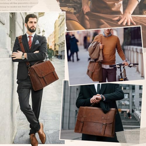 RAINSMORE Mens Messenger Bag 17 Inch Waterproof Vintage Leather Laptop Briefcase Large Laptop Bag Satchel Bag Computer Shoulder Bag for Office Business Travel College,Brown - Image 2