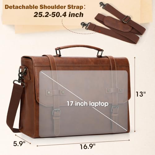 RAINSMORE Mens Messenger Bag 17 Inch Waterproof Vintage Leather Laptop Briefcase Large Laptop Bag Satchel Bag Computer Shoulder Bag for Office Business Travel College,Brown - Image 3