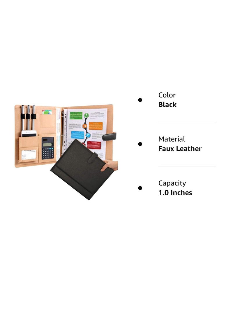 Excefore - Leather Portfolio Binder, Business Padfolio Folder, with Calculator Black 3 Ring Padfolio Business Folder Stylish Interview Portfolio Cover Case Suitable for various business occasions - Image 1