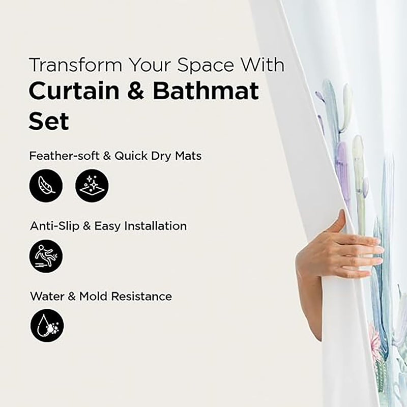 Kuber Industries Shower Curtain & Bathmat Set | Non-Slip Bath mats for Bathroom | Easy-Slide Curtains | Polyester Curtain or Bathmat for Bath Décor | YF141-3T | 3 Pcs Set | Multicolor - Image 2