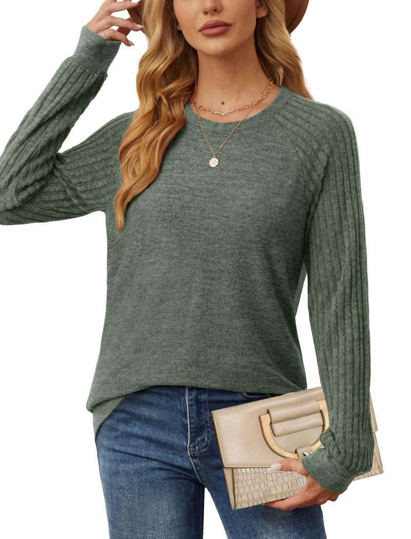 Saloogoe Womens Sweaters Long Sleeve Shirts Loose Fit Tunic Tops Dressy Ladies Business Casual Outfits 2025 Trendy Green L - Image 3