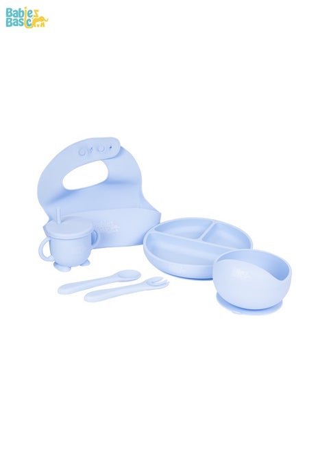 Feeding Set, 6 Piece, Silicone Set For Self Feeding, Learning & Fine Motor Skills Soft, Easy To Grip, Bib, Bowl, Plate, Mini Utensils, Spoon & 2 In 1 Cup - Blue