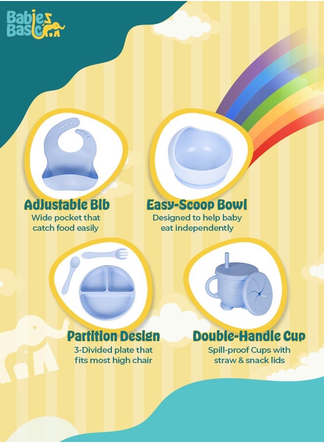 Feeding Set, 6 Piece, Silicone Set For Self Feeding, Learning & Fine Motor Skills Soft, Easy To Grip, Bib, Bowl, Plate, Mini Utensils, Spoon & 2 In 1 Cup - Blue