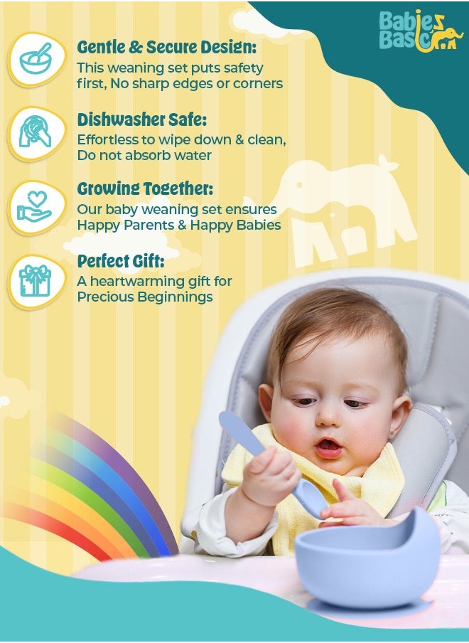 Feeding Set, 6 Piece, Silicone Set For Self Feeding, Learning & Fine Motor Skills Soft, Easy To Grip, Bib, Bowl, Plate, Mini Utensils, Spoon & 2 In 1 Cup - Blue