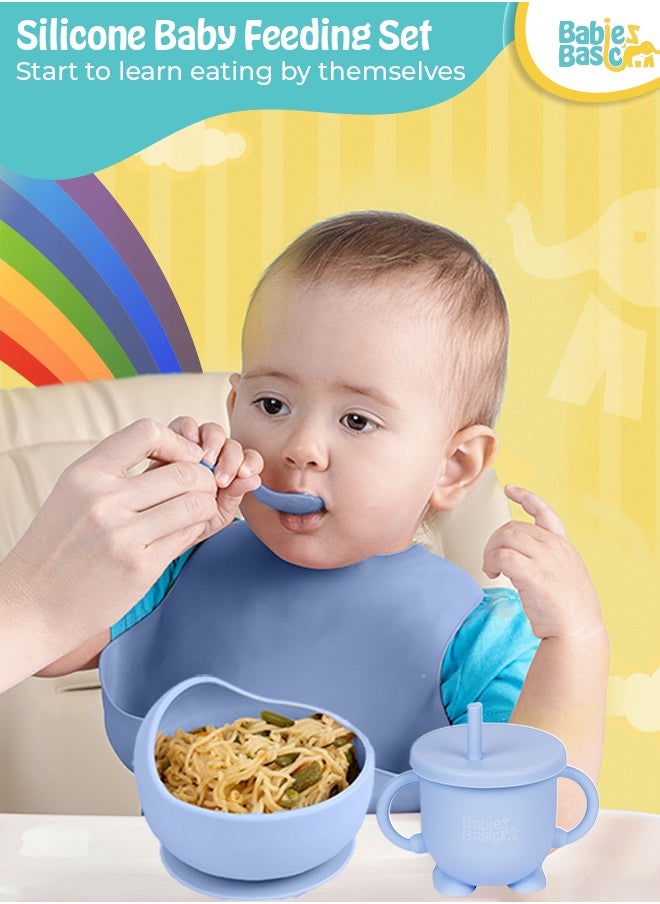 Feeding Set, 6 Piece, Silicone Set For Self Feeding, Learning & Fine Motor Skills Soft, Easy To Grip, Bib, Bowl, Plate, Mini Utensils, Spoon & 2 In 1 Cup - Blue