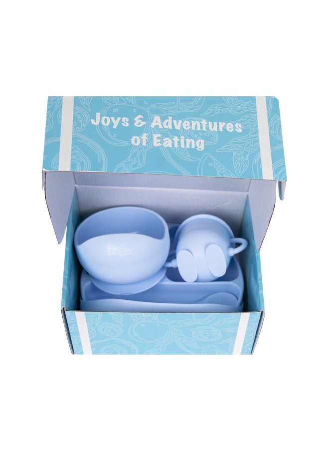 Feeding Set, 6 Piece, Silicone Set For Self Feeding, Learning & Fine Motor Skills Soft, Easy To Grip, Bib, Bowl, Plate, Mini Utensils, Spoon & 2 In 1 Cup - Blue