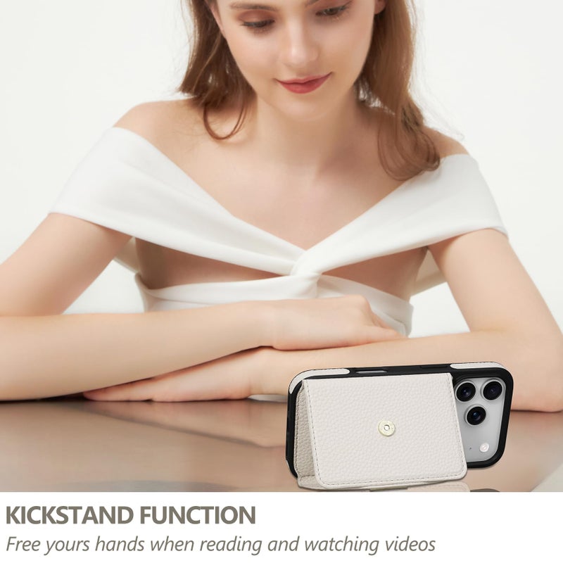 Keallce Wallet Case for iPhone 17 Pro 6.3'', Flip Case with RFID Blocking Card Holder Slots Kickstand, PU Leather Protective Folio Cover for Women, Beige - Image 4