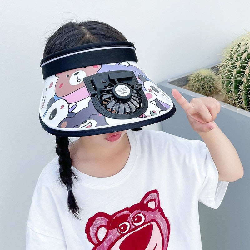 Summer Outdoor Large Palms Sunshade Umbrella Charging Fan Hat Womens Sunscreen Riding Casual Glacier Cap Breathable Printed Pink  - Image 3