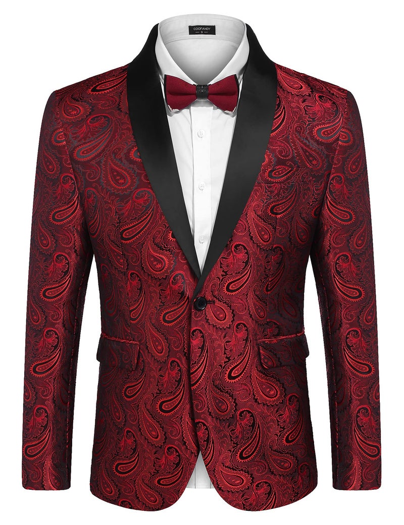 COOFANDY Mens Floral Tuxedo Jacket Paisley Shawl Lapel Suit Blazer Jacket for Dinner,Prom,Wedding Red - Image 1