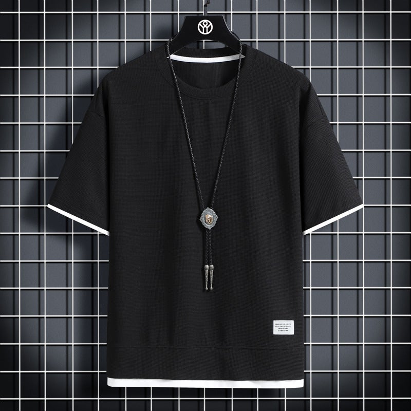 Summer waffle T-shirt mens fake two-piece loose half-sleeve T-shirt ice silk thin round neck short-sleeve T-shirt jacket thin H2103 Black 