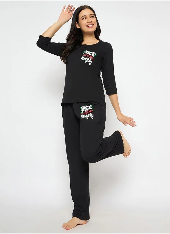 Clovia Clovia Text Print Cotton Top and Pyjama Set