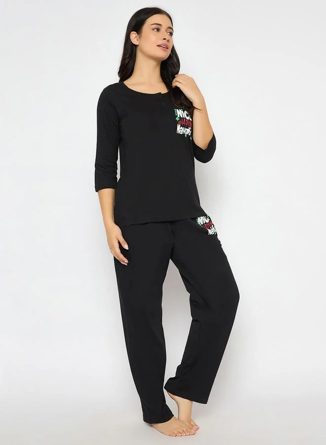 Clovia Clovia Text Print Cotton Top and Pyjama Set