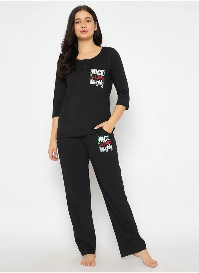 Clovia Clovia Text Print Cotton Top and Pyjama Set