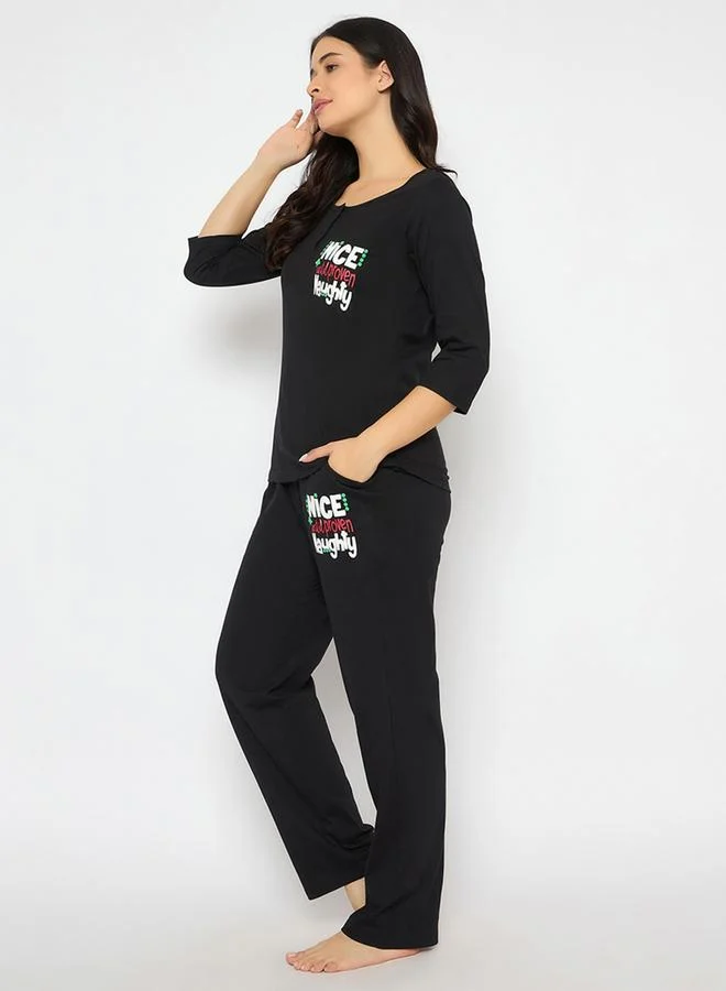Clovia Clovia Text Print Cotton Top and Pyjama Set