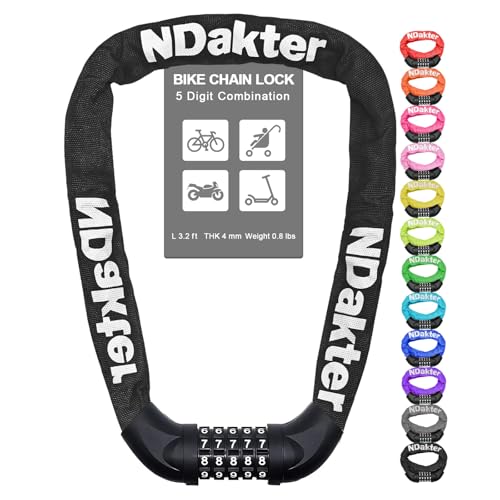 NDakter Bike Lock, 5 Digit Combination Heavy Duty Anti Theft Bicycle Chain Lock, 2.62/3.2/4.27/5/6Ft Long, High Security Resettable, Suitable for Bike, Scooter, Door, Gate, Fence-4/6mm Thick - Image 1