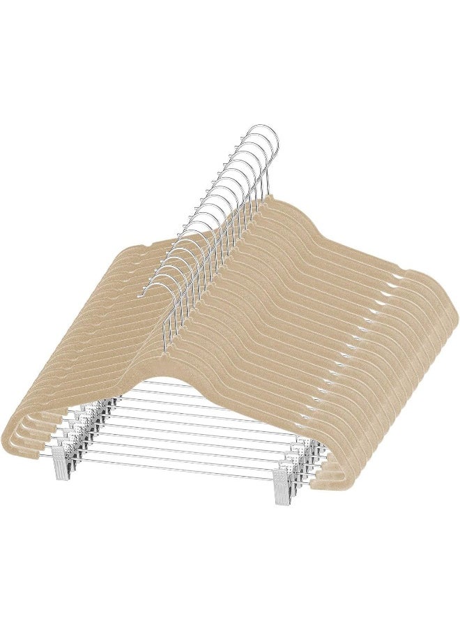 ZOBER Velvet Hangers With Clips - Pack Of 20 Metal Clip Hangers For Pants - Notched Ivory Velvet Skirt Hangers For Pants, Skirts, Suits, Dresses & Shirts W/ 360 Degree Hook - Non Slip Felt Hangers  - Image 1
