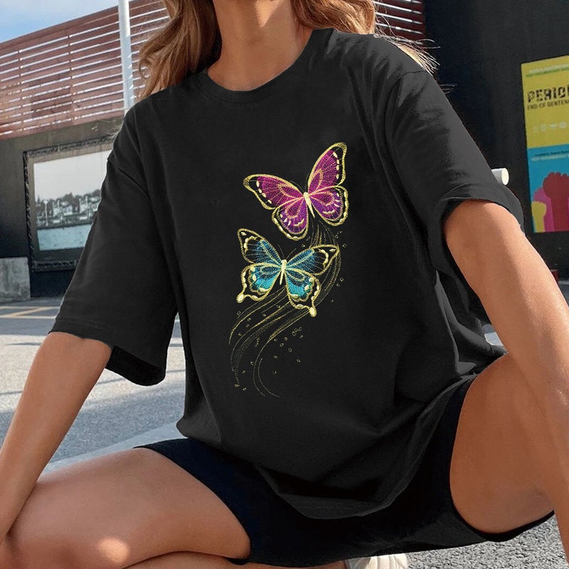 Cross-border Spring and Summer New Shoulder Women's Flying Color Butterfly Loose Round Neck Shoulder Short-sleeved T-shirt - Image 4