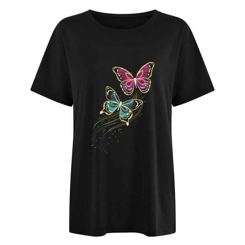 Cross-border Spring and Summer New Shoulder Women's Flying Color Butterfly Loose Round Neck Shoulder Short-sleeved T-shirt - Image 1