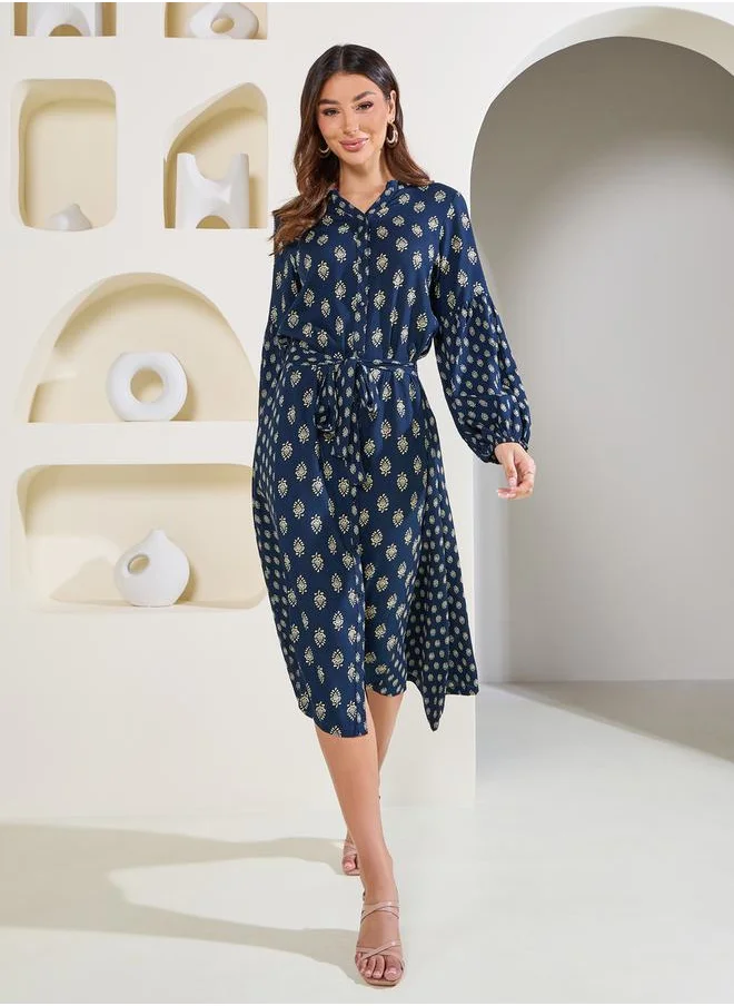 Styli AOP Shirt Midi Dress with Waist Tie Up