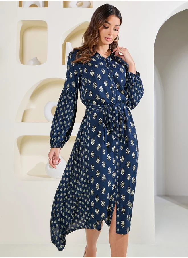 Styli AOP Shirt Midi Dress with Waist Tie Up