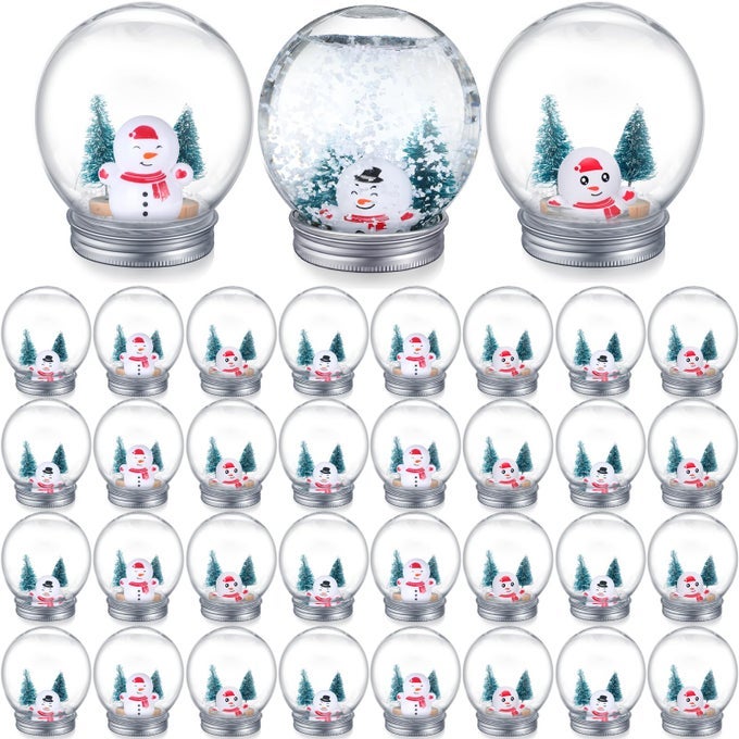 32 SET CHRISTMAS CLEAR SNOW GLOBES KIT PLASTIC WATER GLOBE WITH SCREW OFF CAP ARTIFICIAL CHRISTMAS TREES SMALL SNOWMAN SNOWFLAKES FOR ORNAMENTS DIY CRAFTS FILLABLE SNOW GLOBES HOME DECORATION