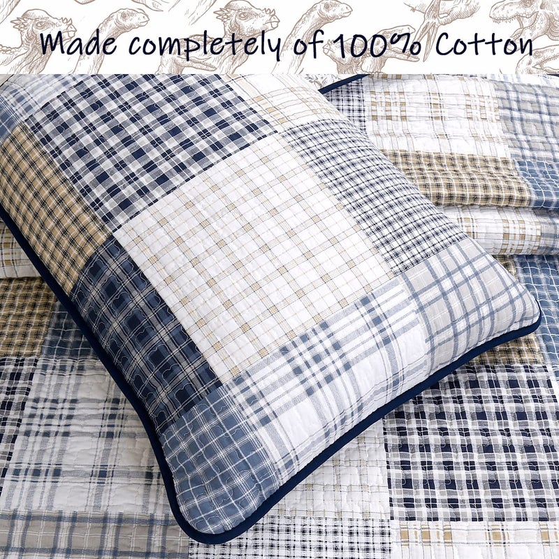 Cozy Line Home Fashions Benjamin Cute Dinosaur Plaid Navy Blue White Grey Bedding Quilt Set 100% Cotton Reversible Coverlet Bedspread Set for Kids Boy(Twin - 2 Piece) - Image 4