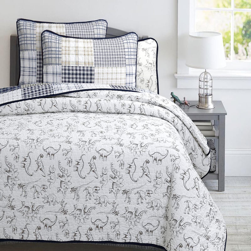 Cozy Line Home Fashions Benjamin Cute Dinosaur Plaid Navy Blue White Grey Bedding Quilt Set 100% Cotton Reversible Coverlet Bedspread Set for Kids Boy(Twin - 2 Piece) - Image 3