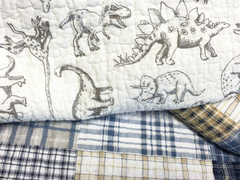 Cozy Line Home Fashions Benjamin Cute Dinosaur Plaid Navy Blue White Grey Bedding Quilt Set 100% Cotton Reversible Coverlet Bedspread Set for Kids Boy(Twin - 2 Piece) - Image 1