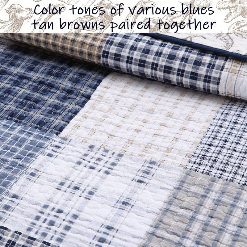 Cozy Line Home Fashions Benjamin Cute Dinosaur Plaid Navy Blue White Grey Bedding Quilt Set 100% Cotton Reversible Coverlet Bedspread Set for Kids Boy(Twin - 2 Piece) - Image 5