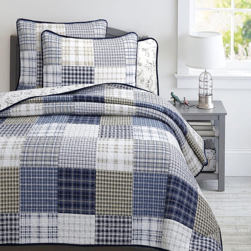 Cozy Line Home Fashions Benjamin Cute Dinosaur Plaid Navy Blue White Grey Bedding Quilt Set 100% Cotton Reversible Coverlet Bedspread Set for Kids Boy(Twin - 2 Piece) - Image 2