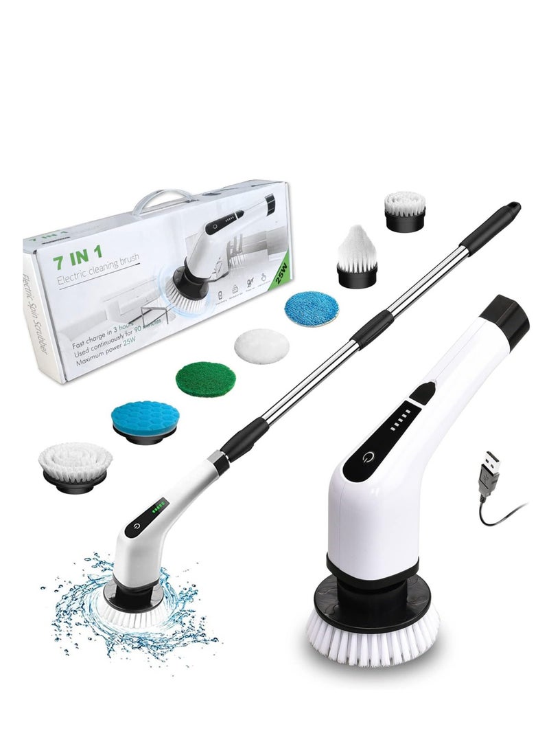 JAJEEK Cordless Electric Cleaning Brush with 7 Replaceable Brush Heads - 360 Electric Scrubbing Mop with Adjustable Handle for Bathtub, Tile, Kitchen & Bathroom Cleaning - Powerful, Rechargeable, Easy-to-Use, White  - Image 1