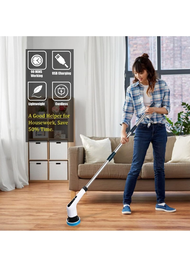 JAJEEK Cordless Electric Cleaning Brush with 7 Replaceable Brush Heads - 360 Electric Scrubbing Mop with Adjustable Handle for Bathtub, Tile, Kitchen & Bathroom Cleaning - Powerful, Rechargeable, Easy-to-Use, White  - Image 4