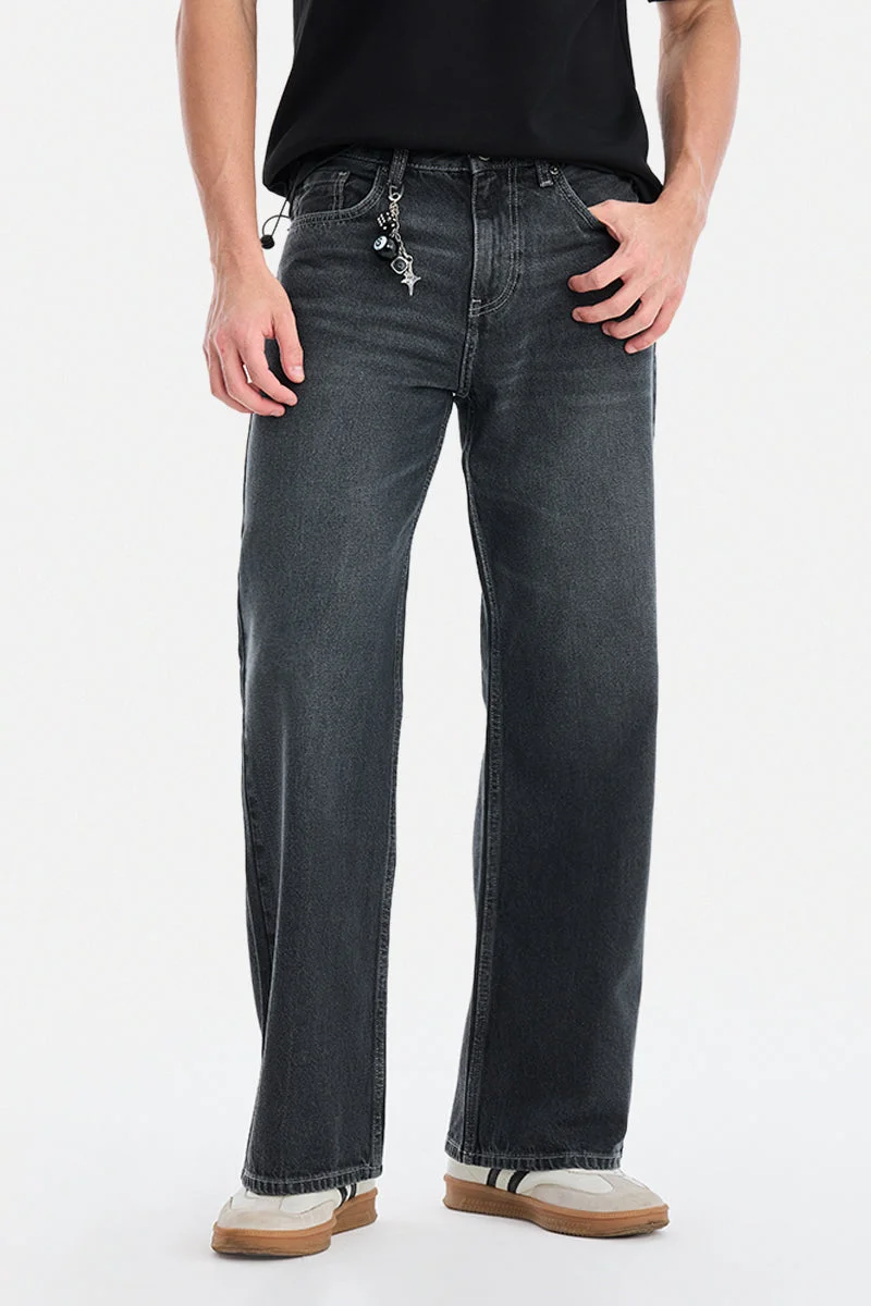 SNITCH Dark Grey Solid Flared Fit Streetwear Jeans