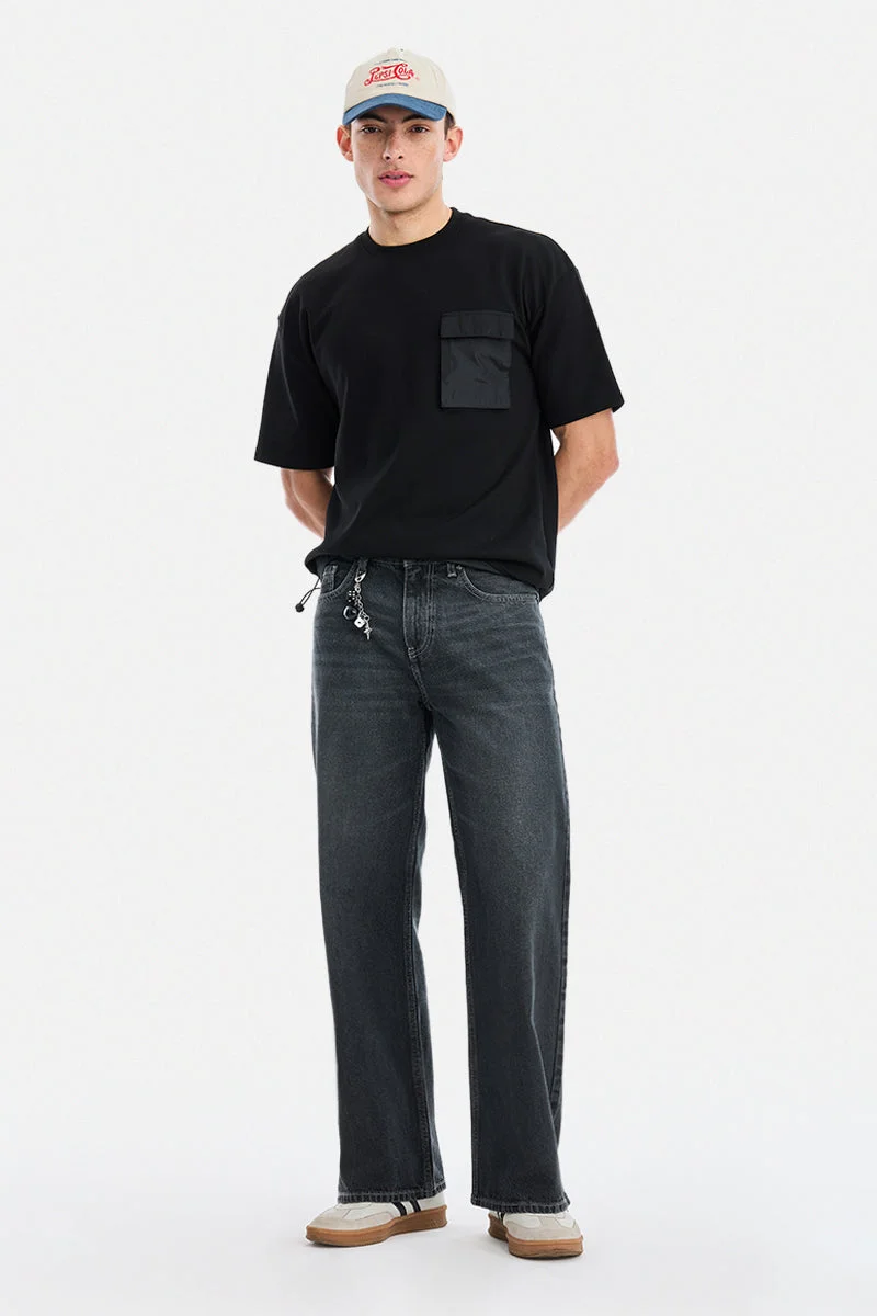 SNITCH Dark Grey Solid Flared Fit Streetwear Jeans