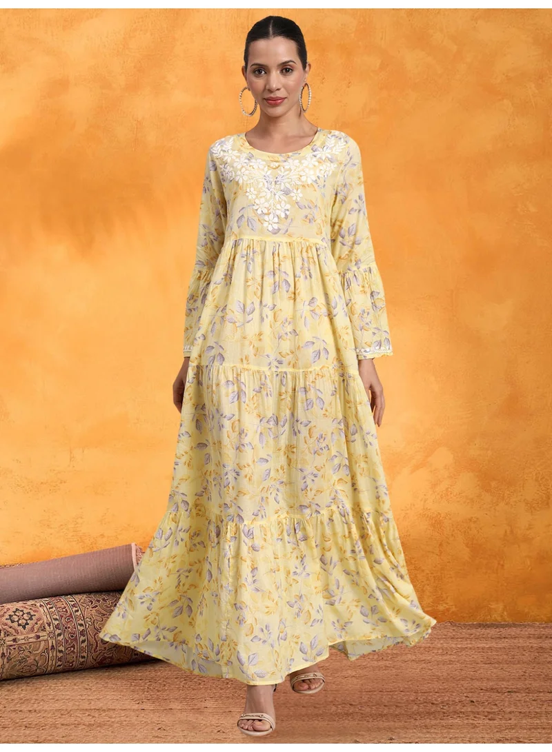 Alaya Hand Embroidered Chikankari A-Line Gathering Pattern Mulmul Cotton Jalabiya-AL3673