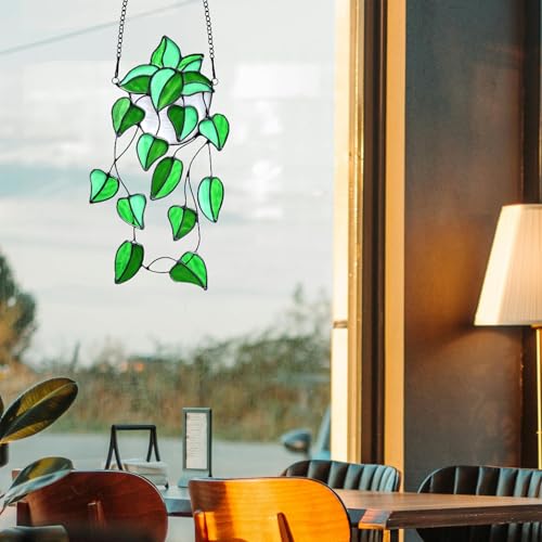 Lcensp Green Faux Plants Stained Glass Window Hanging Suncatcher, Artificial Plants Decor Gift for Women, Stain Glass Sun Catchers Indoor Window, Handcrafted Home Wall Art Decoration Ornament. - Image 5
