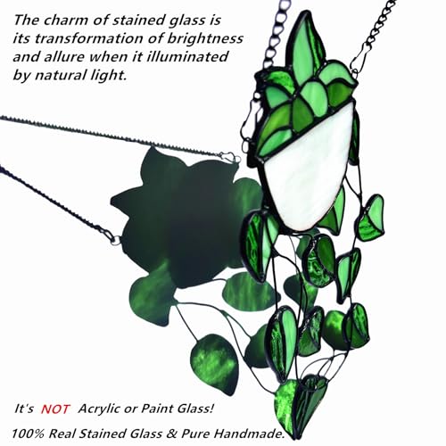 Lcensp Green Faux Plants Stained Glass Window Hanging Suncatcher, Artificial Plants Decor Gift for Women, Stain Glass Sun Catchers Indoor Window, Handcrafted Home Wall Art Decoration Ornament. - Image 2