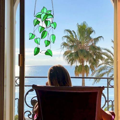Lcensp Green Faux Plants Stained Glass Window Hanging Suncatcher, Artificial Plants Decor Gift for Women, Stain Glass Sun Catchers Indoor Window, Handcrafted Home Wall Art Decoration Ornament. - Image 4