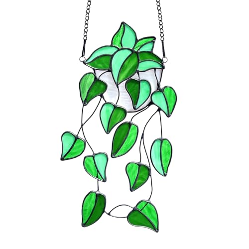Lcensp Green Faux Plants Stained Glass Window Hanging Suncatcher, Artificial Plants Decor Gift for Women, Stain Glass Sun Catchers Indoor Window, Handcrafted Home Wall Art Decoration Ornament. - Image 1