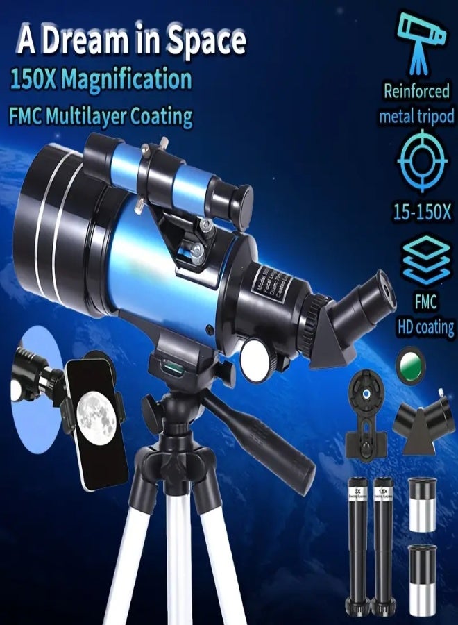 تلسكوب انكساري بفتحة عدسة كبيرة 70 مم موديل 30070 – تكبير من 15X إلى 150X، رؤية عالية الدقة للمبتدئين والمحترفين، تركيز يدوي مع حامل ثلاثي من الألمنيوم، ومنظار تحديد الموقع وحامل هاتف – مثالي لمراقبة القمر والكواكب وأعماق الفضاء - Image 1