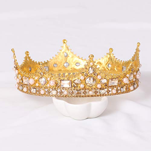 FORSEVEN King Crown for Men Crown Royal Costume Accessory Prom Tiara Baroque Vintage Crystal Pearl Bridal Wedding Tiaras Birthday Party Round Crowns Halloween Decorations Headband - Image 5